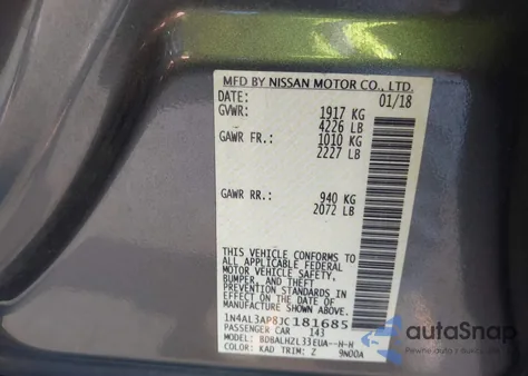 2018 Nissan Altima 2.5 Sr z USA, uszkodzony, nr VIN 1N4AL3AP8JC181685